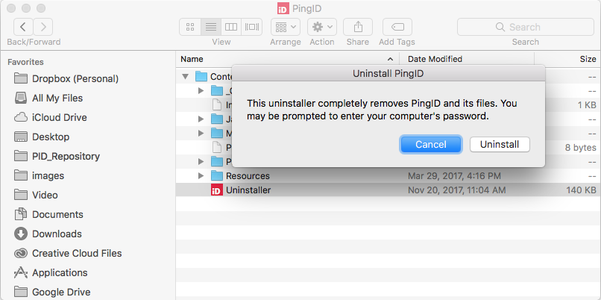 A screen capture illustrating the confirmation message that displays when you open the PingID uninstaller.