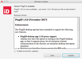 A screen capture of the Software Update window, the available PingID product version, and release notes message, and the options to Skip or Update.