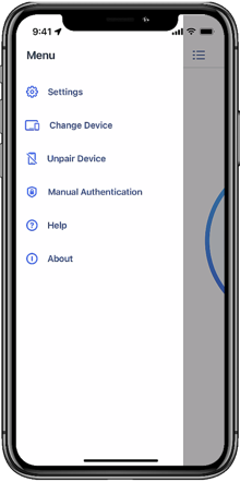 A mobile device displaying the mobile app menu items: Settings, Change Device, Unpair Device, Manual Authentication, Help, About