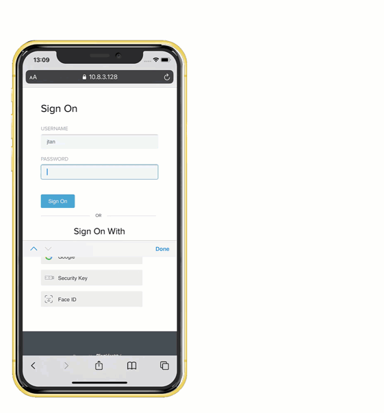 An animation showing the process of authenticating through by entering a username and password, and then using Face ID to authenticate using an iPhone.