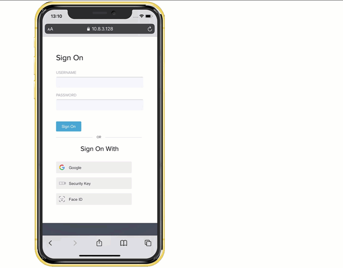 An animation showing the process of authenticating through without entering a username and password, using Face ID to authenticate. biometrics feature on an iPhone device.