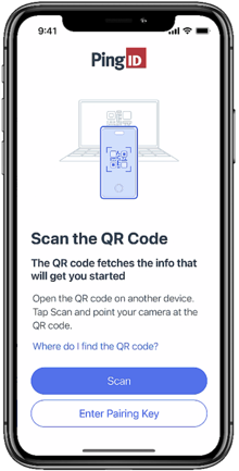 Screen capture showing prompt to scan the QR code. Includes a link to more info about how to find your QR code, Scan button and Enter Pairing Key button