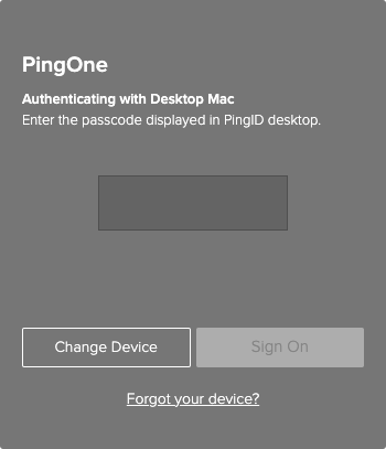 A screen capture of the Authentication window requesting the one-time passcode with the Sign On or Change Device option.