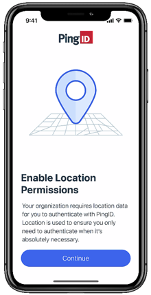 Screen capture showing the Enable Location Permissions screen with a Continue button