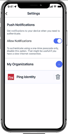 An iPhone mobile device with the PingID app open. The app is displaying a one-time passcode with the option to tap the new passcode button to generate another one. The app also displays a list of the user’s organizations with the option to add more