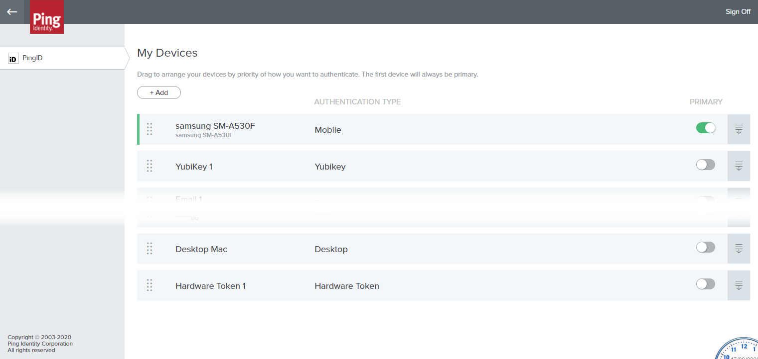 A screen capture of the My Devices page with a primary device enabled.