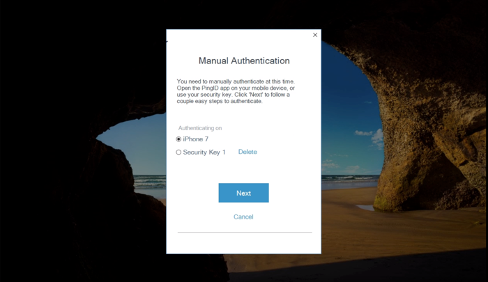 A screen capture of the Manual Authentication window requesting you to select your authentication method.