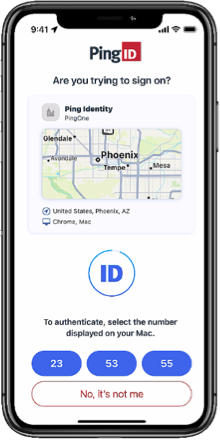 PingID mobile app showing a list of numbers and a message asking you to select the number that matches the number displayed in the authentication screen. It also has the option to tap the button entitled 'No it’s not me'