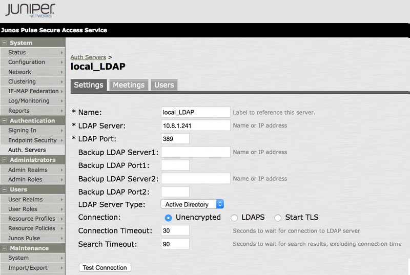 A screen capture of the New Authentication Server window in the Juniper UI.