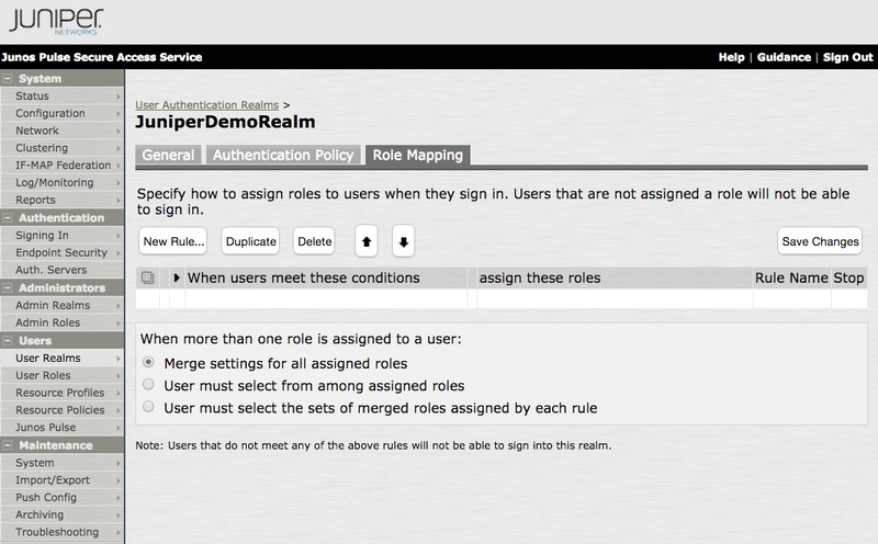 A screen capture JuniperDemoRealm window, as configured in the previous step. The screen capture currently shows the Role Mapping tab.