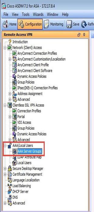 A screen capture of the Remote Access VPN navigation tree in the Cisco ASDM client. The AAA/Local User and AAS Server Groups sections are highlighted.