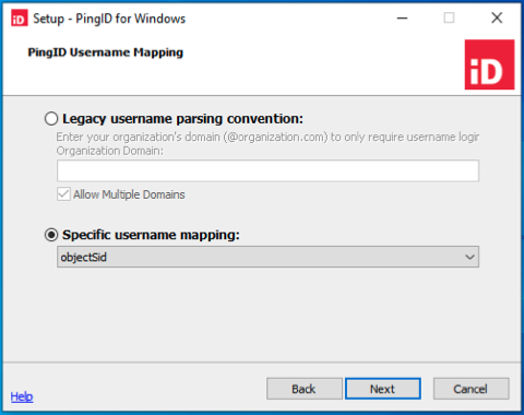 A screen capture of the PingID username mapping window showing legacy username parsing convention option, and the option to specify a username mapping attribute from a list.