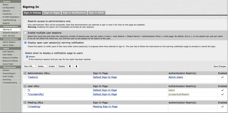 A screen capture of the Sign-in Policies tab in the Juniper UI. There are three URL lists: Administrator URLs, User URLs, and Meeting URLs. In the User URLs list, */ is the first entry and has the Authentication Realm for Users.