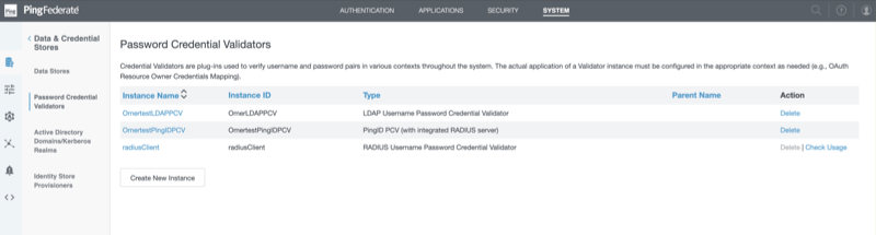 A screen capture of the Manage Credential Validator Instances window.