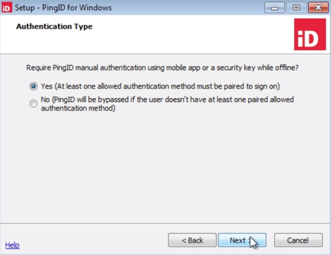 A screen capture of the Setup - PingID for Windows process - Authentication Type step for setting whether PingID manual authentication using mobile app or security key while offline is required. Yes is selected.