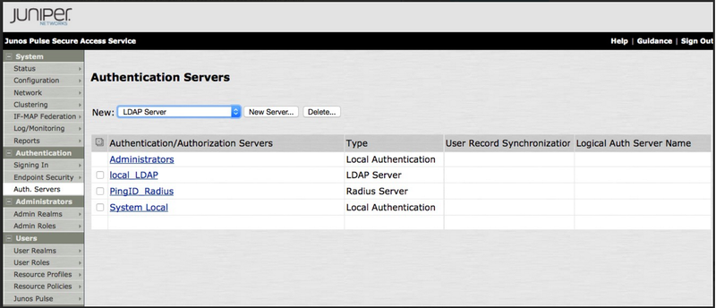 A screen capture of the Authentication Servers window in the Juniper UI.