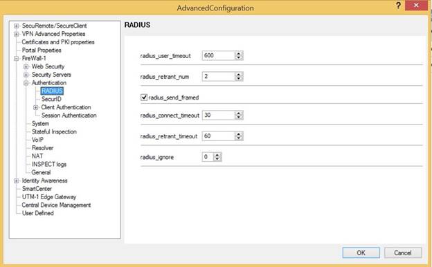 A screen capture of the RADIUS settings in the Checkpoint SmartDashboard.