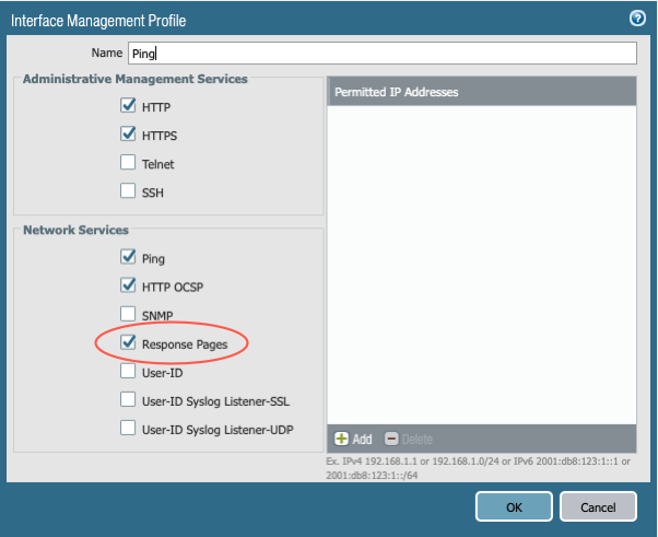 A screen capture of the Interface Management Profile window, showing the Response Pages check box, highlighted with a red circle and selected.