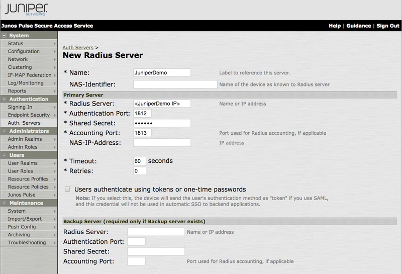 A screen capture of the New Radius Server window. The window includes the Name and NAS-Identifier fields followed by sections for Primary Server and Backup Server. The Primary Server section includes fields for Radius Server, Authentication Port, Shared Secret, Accounting Port, NAS-IP-Address, Timeout, and Retries. There is also a check box option for Users authenticate using tokens or one-time passwords with the note: 