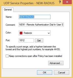 A screen capture of the UDP Service Properties window.