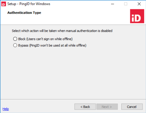 A screen capture of the Setup - PingID for Windows process - Authentication Type step for selecting which action will be taken when manual authentication is disabled.