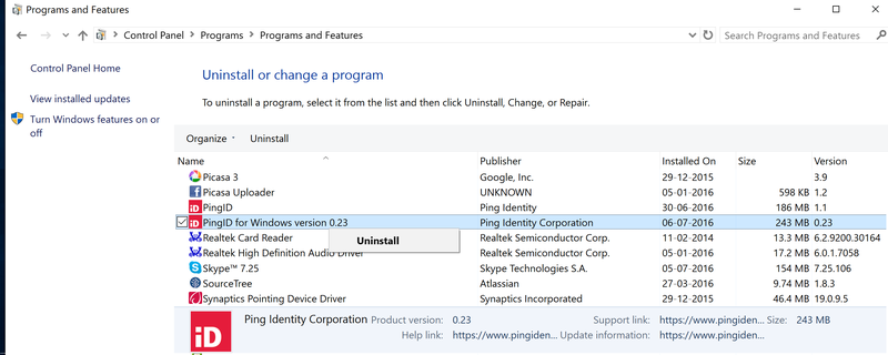 Screen capture of the Uninstall or change a program window