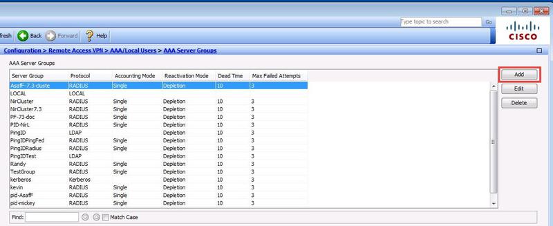 A screen capture of the AAA Server Groups pane in the Cisco ASDM client. A red rectangle highlights the Add button near the top right corner.