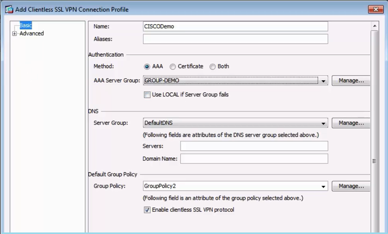 A screen capture of the Add Clientless SSL VPN Connection Profile dialog box in the Cisco ASDM client.