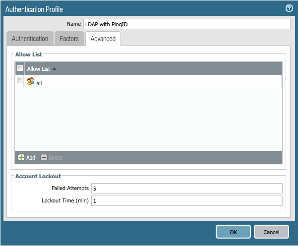 An image capture of the Authentication Profile window, on the Advanced tab. The Allow List is shown with the option for all.