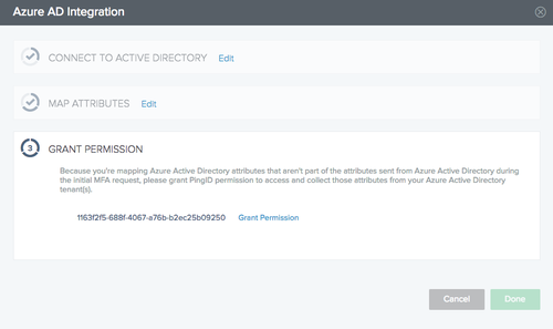 Screen capture of the Grant Permission section in the Azure AD Integration window