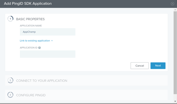 Screen capture illustrating the Basic Properties section of the Add PingID SDK Application window.