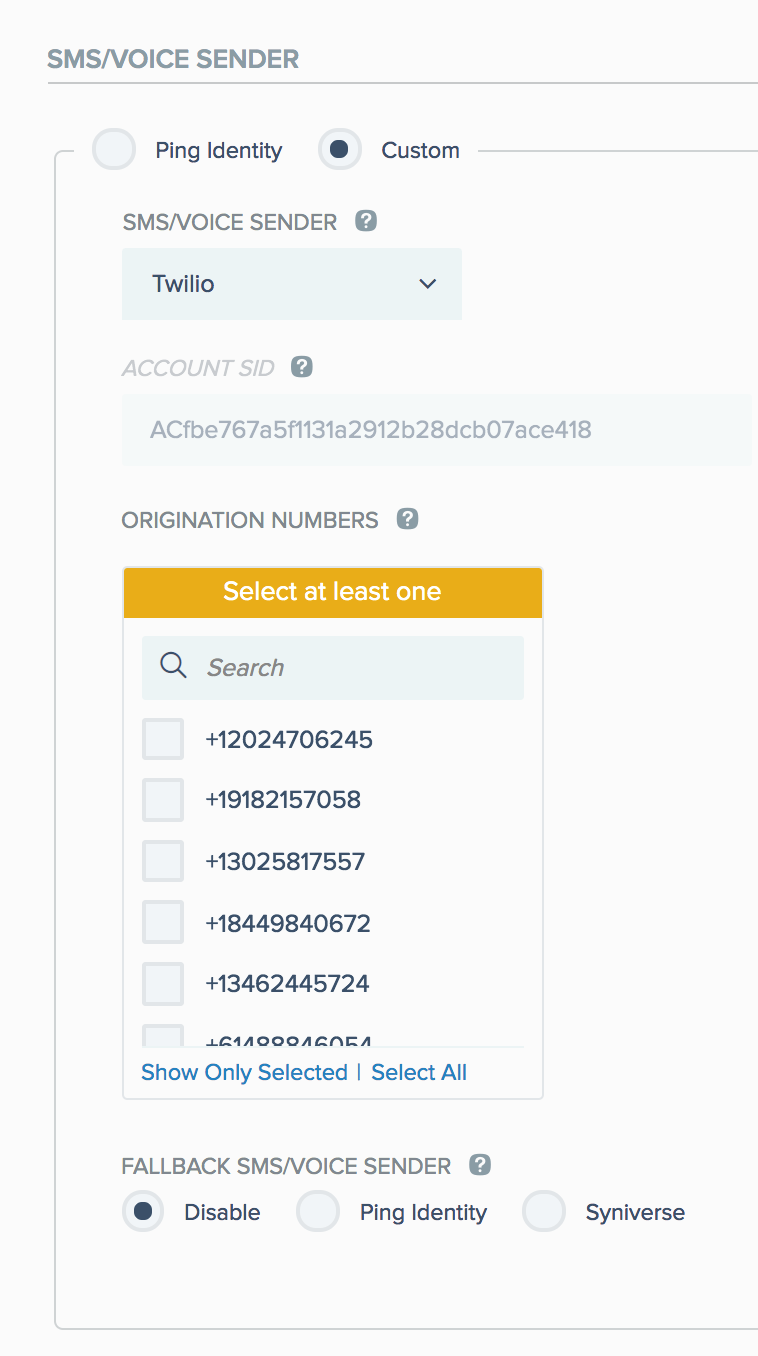 A screen capture of the SMS/Voice Sender section with a list of origination numbers showing.