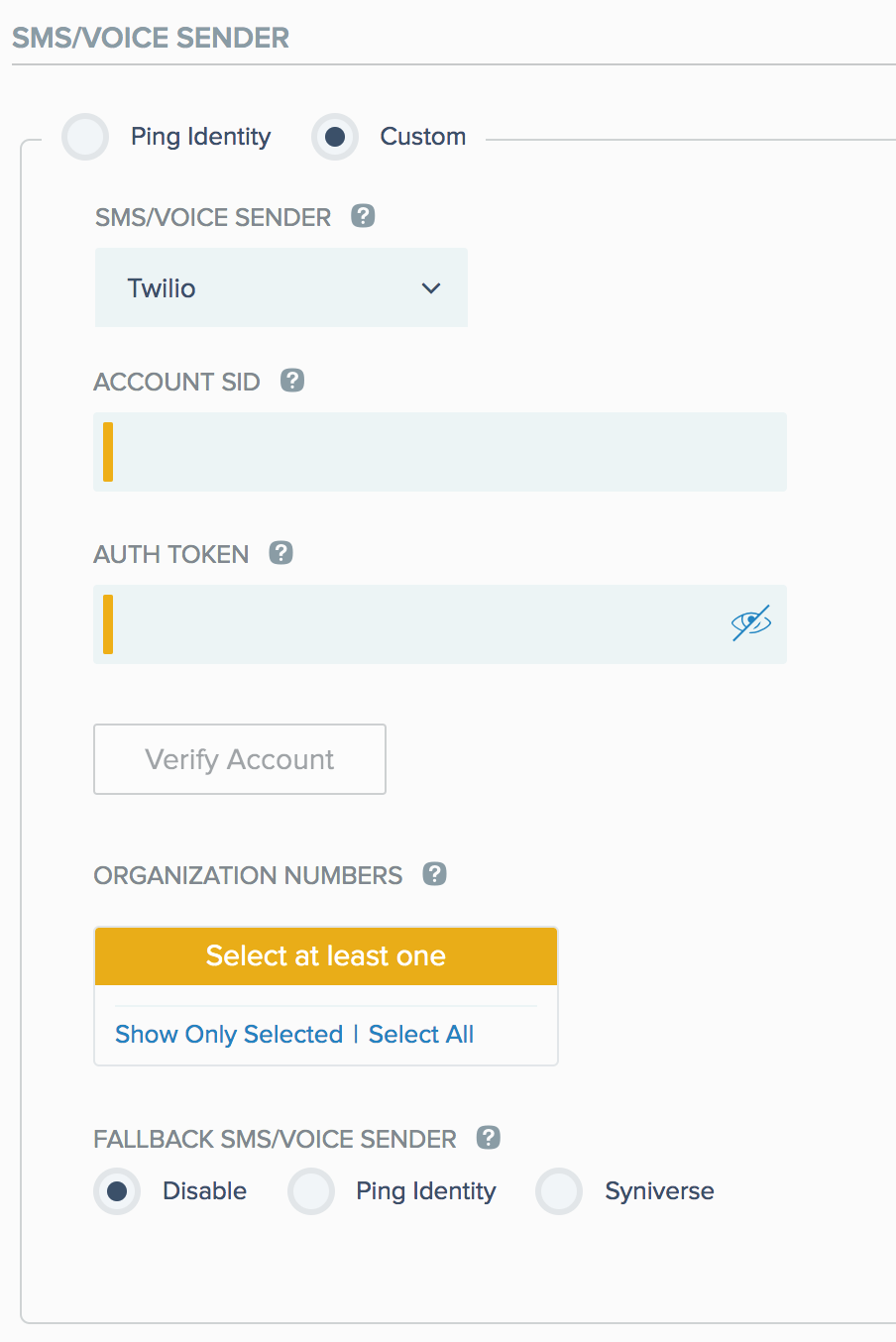 A screen capture of the SMS/Voice Sender section with Custom and Twilio selected.