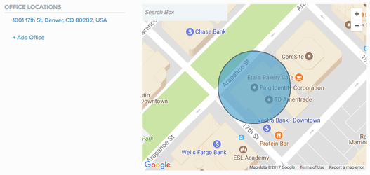 A screen capture of a blue circle on a map defining a added office location.