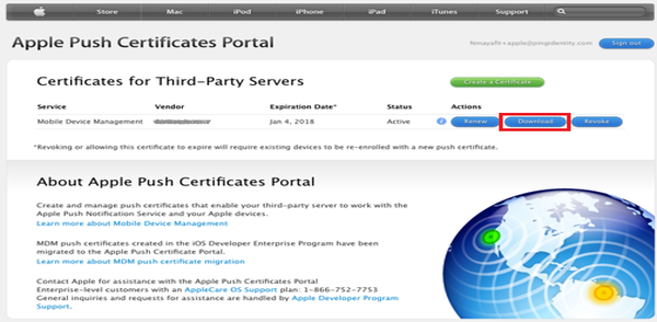 Screen capture of the Apple Push Certificates Portal showing the Certificates for Third-Party Servers section and the Download option highlighted.