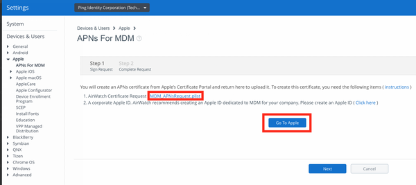 Screen capture of the APNs For MDM section with MDM APNsRequest.plist and Go To apple highlighted.