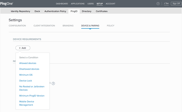 A screen capture of the Device Requirements section and the drop-down menu.