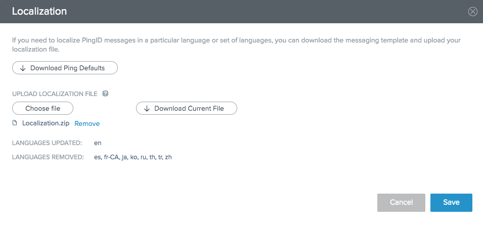 A screen capture of the Localization window, showing the languages updated and removed in the imported file.