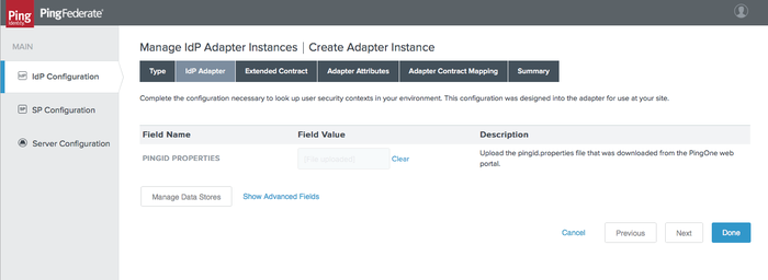 A screen capture of the IdP Adapter tab. The Show Advanced Fields button is located directly to the right of the Manage Data Stores button.