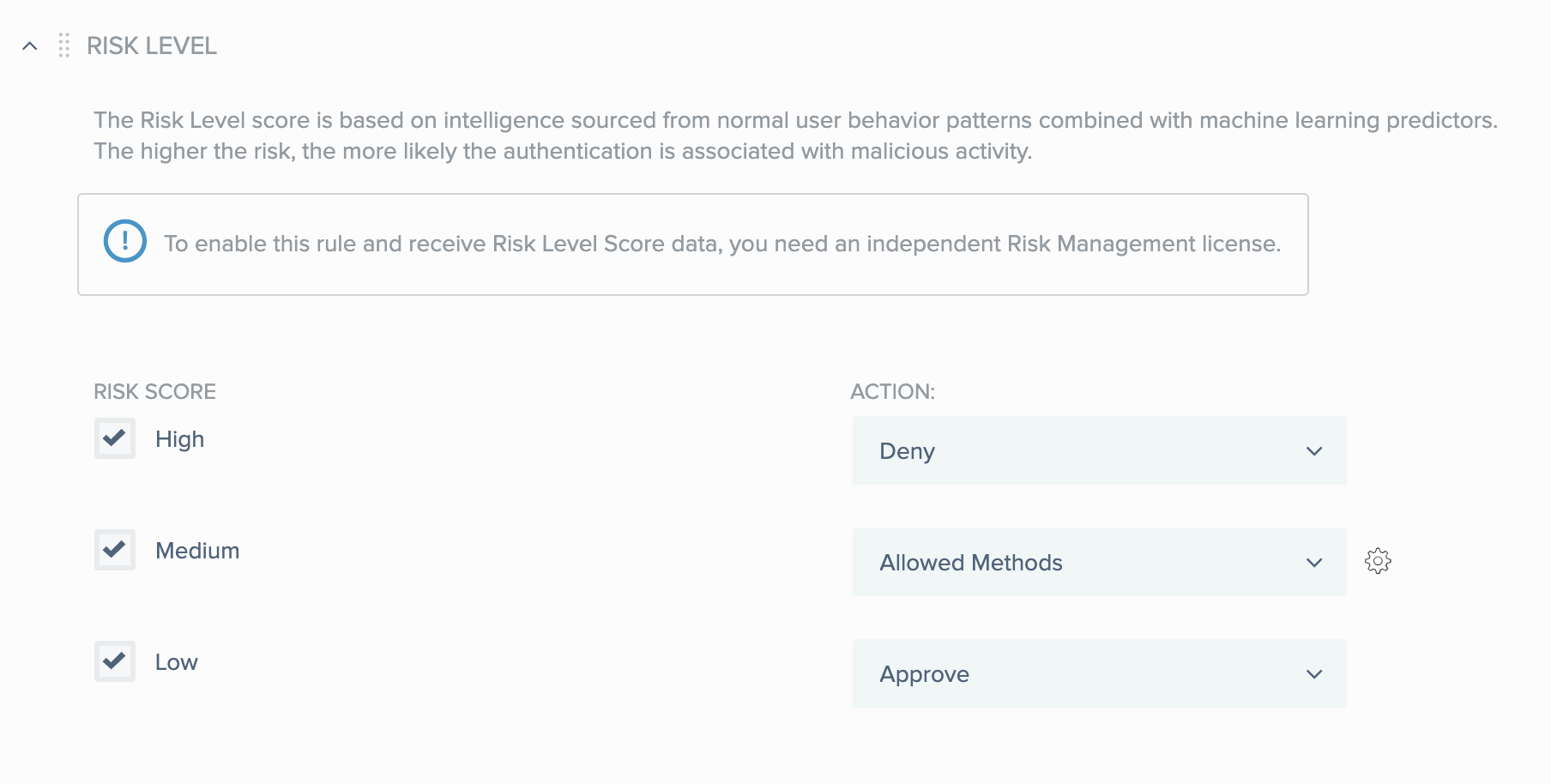 Screen capture of risk level rule for policy