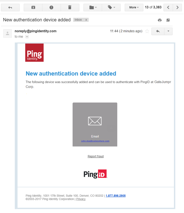 A screen capture of a PingID email, notifying the user of a newly-added authentication device.