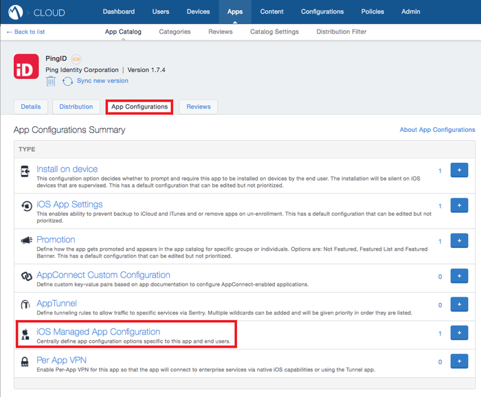 Screen capture of the PingID app with the App Configurations tab and iOS Managed App Configuration highlighted.