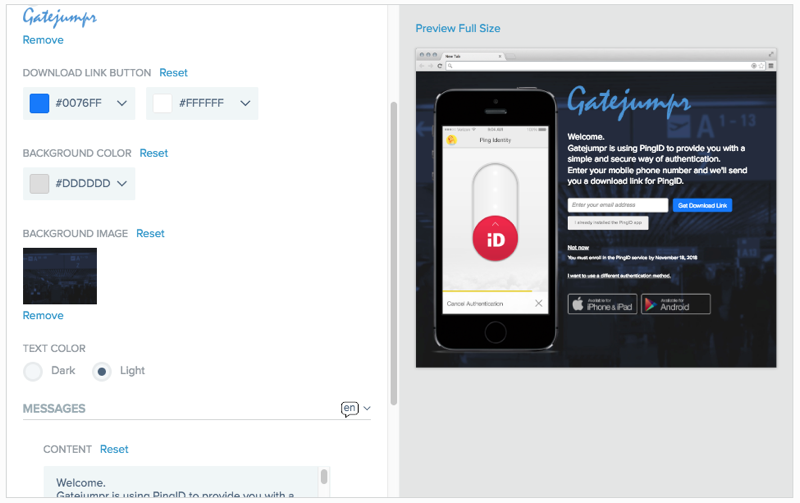 A screen capture of customizing the background and preview window for the PingID enrollment page.