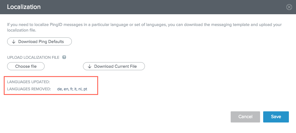 A screen capture of the Localization window, showing the languages in the current file that will be removed. The languages updated and languages removed are surrounded by a red rectangle..