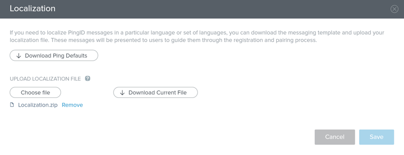 A screen capture of the Localization section and localization file download options.