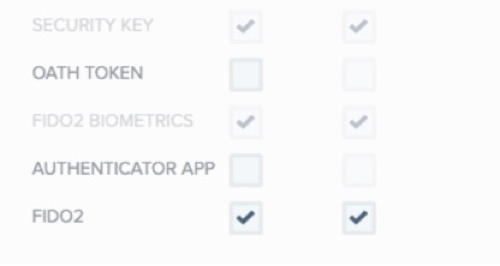 Screen Capture of the Alternate Authentication Methods section of the Configuration tab, showing the FIDO2 authentication method check boxes selected, and the Security Key and FIDO2 Biometrics check boxes greyed out