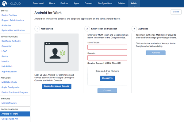 Screen capture of the Android for Work window showing the Get Started, Enter Token and Connect and Authorize sections.