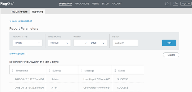 Screen capture of the PingOne Reporting tab with the Report Parameters section options, including Report Type, Time Range, and Filter. The Report Type list shows PingID selected.