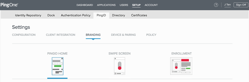 A screen capture of the PingID Home branding and settings configuration workflow.