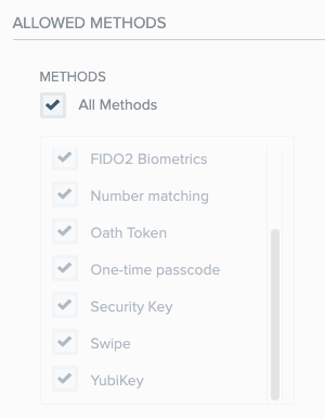 A screen capture of the Allowed Authentication Methods section displaying the Methods list and check boxes. The All Methods check box is selected.